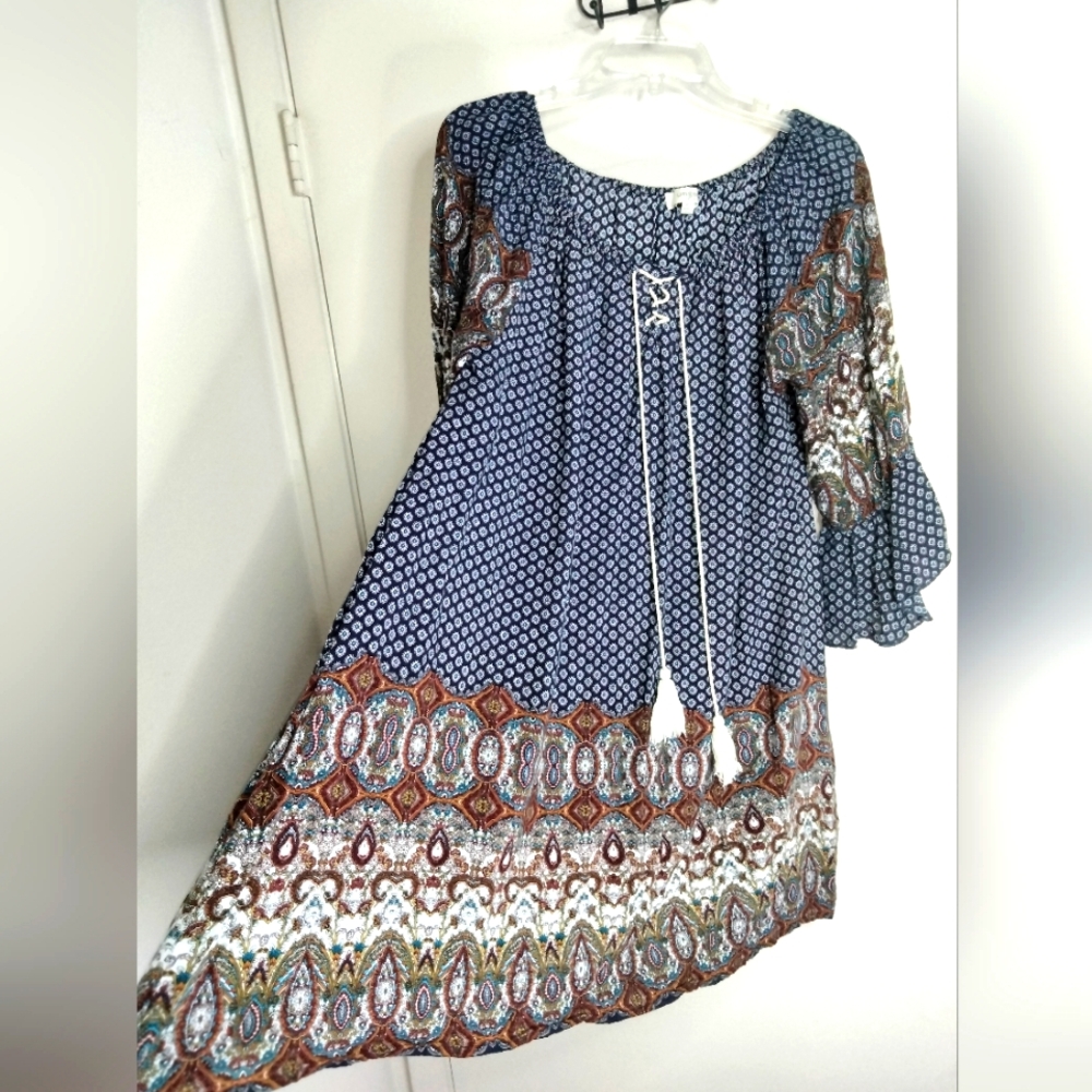 Umgee (Size XL) Multicolored Flare Sleeve Tassel Scoop Neck Boho Shift Dress